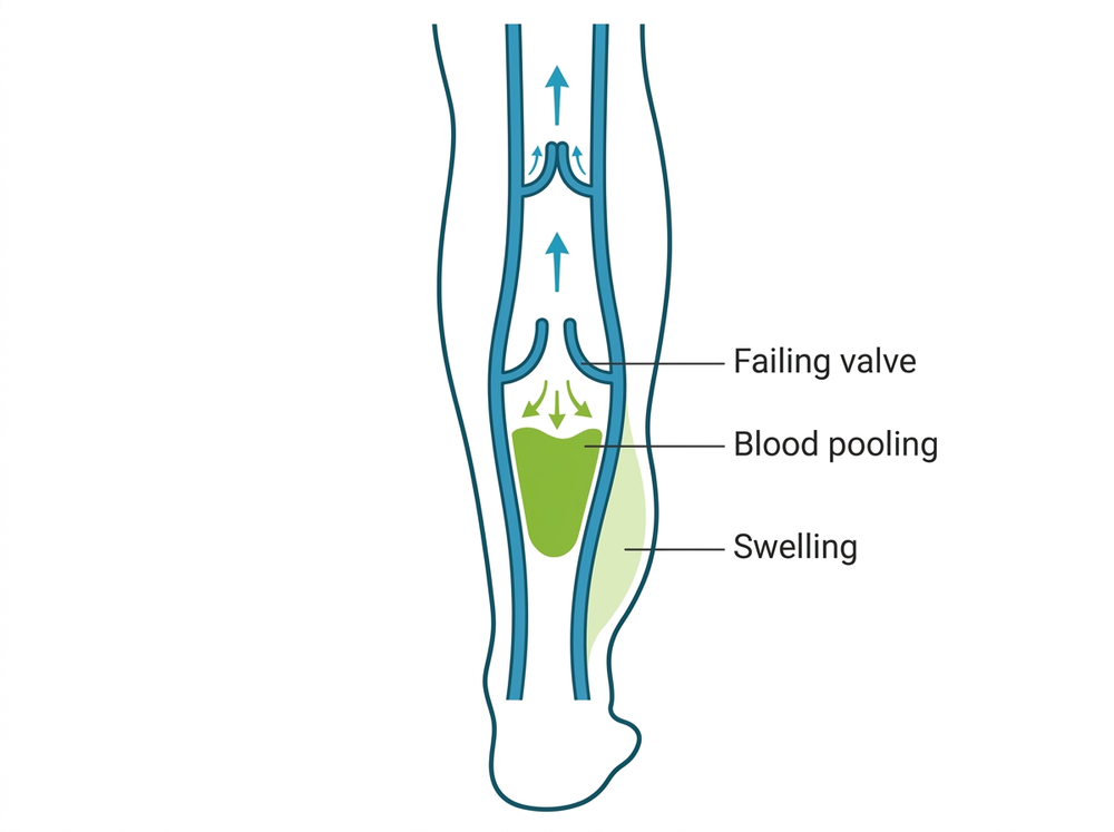 Diagram of failing vein valves and blood pooling in chronic venous insufficiency