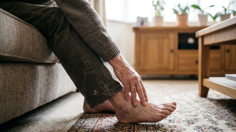 Older adult checking a numb, tingling foot