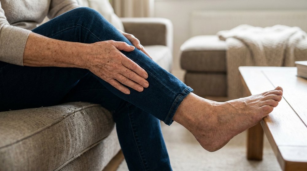 Older adult rubbing an aching calf while seated at home