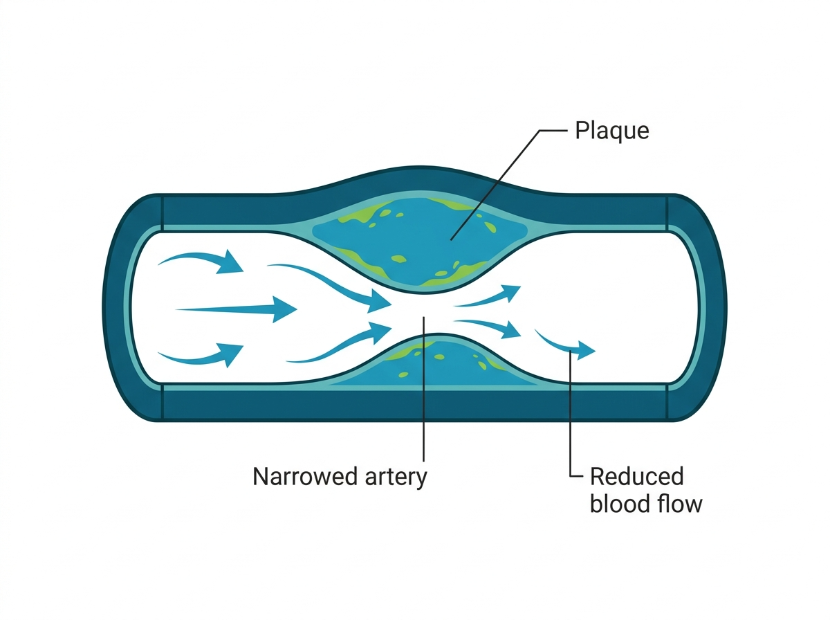 Diagram showing how a narrowed artery causes leg pain when walking