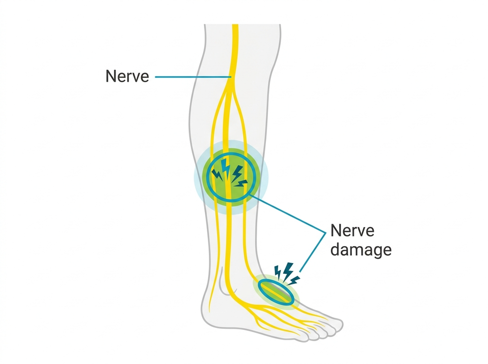 Diagram of nerve damage along the leg and foot in peripheral neuropathy