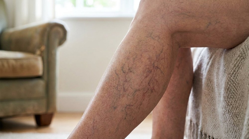 Fine red and purple spider veins in a web-like pattern on an older adult's lower leg