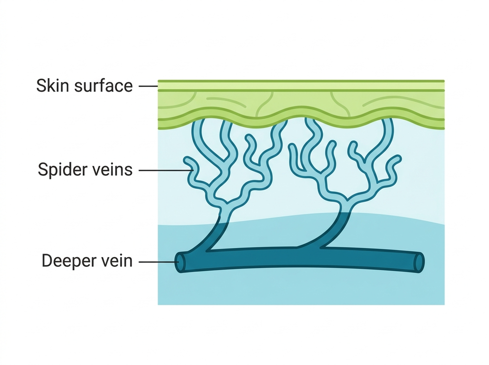 Diagram of spider veins as tiny widened vessels near the skin surface