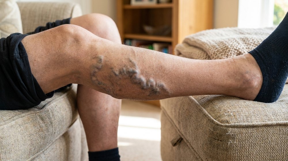 Thick, twisted varicose veins bulging on an older adult's lower leg