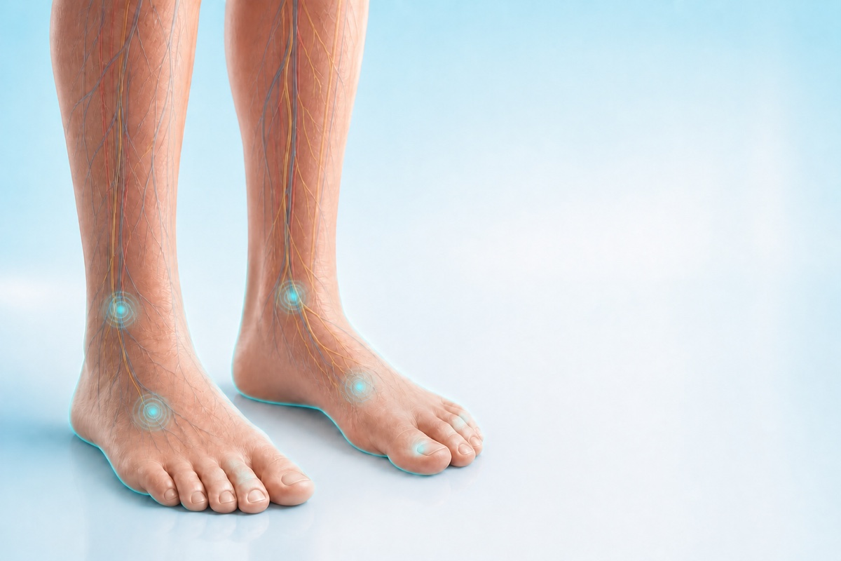 Same feet with restrained cues for skin color, temperature, pulse, sensation, and side-to-side comparison.