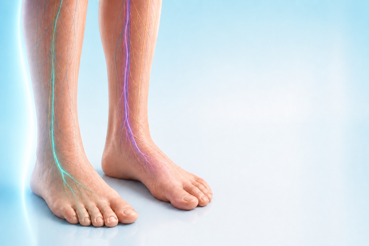 Same feet showing environment, circulation, and nerve-perception patterns as separate possible contributors.