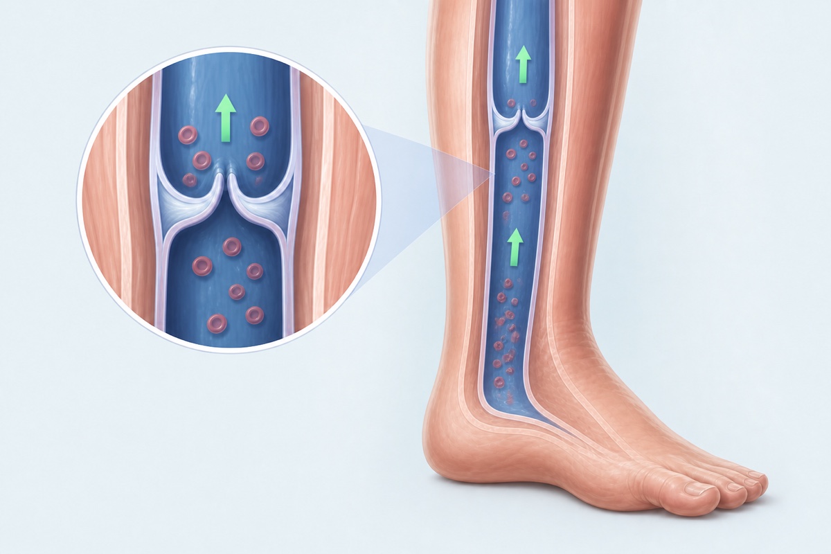 Healthy leg-vein valves close after blood moves upward toward the heart