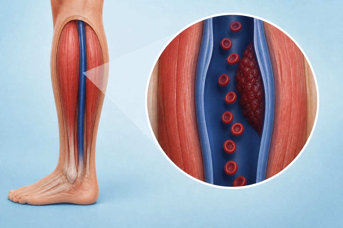 Same deep-vein cutaway showing a dark red clot attached to one wall and partially obstructing blood flow.