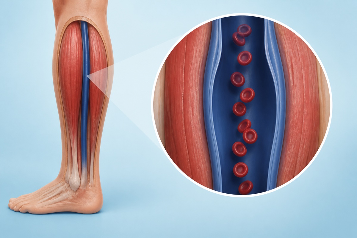 Simplified lower-leg cutaway showing an unobstructed deep vein with an open lumen and calm blood flow.
