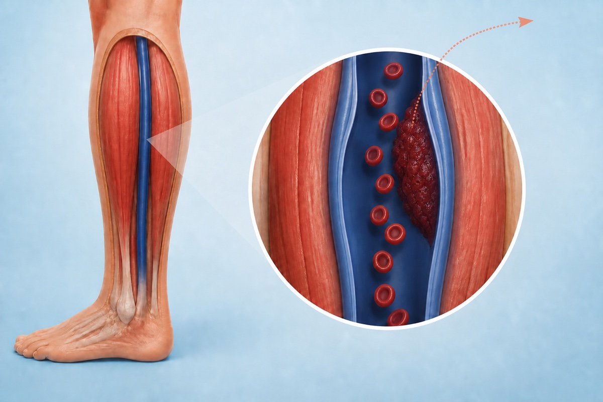Same attached deep-vein clot with a restrained dotted path indicating that part of a clot can travel upward.