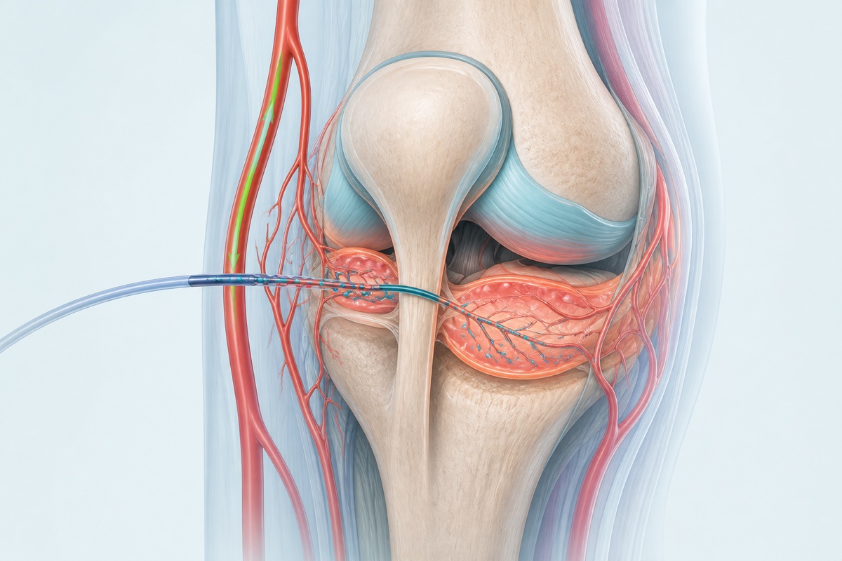 Microscopic particles enter targeted small knee vessels while the main artery remains open