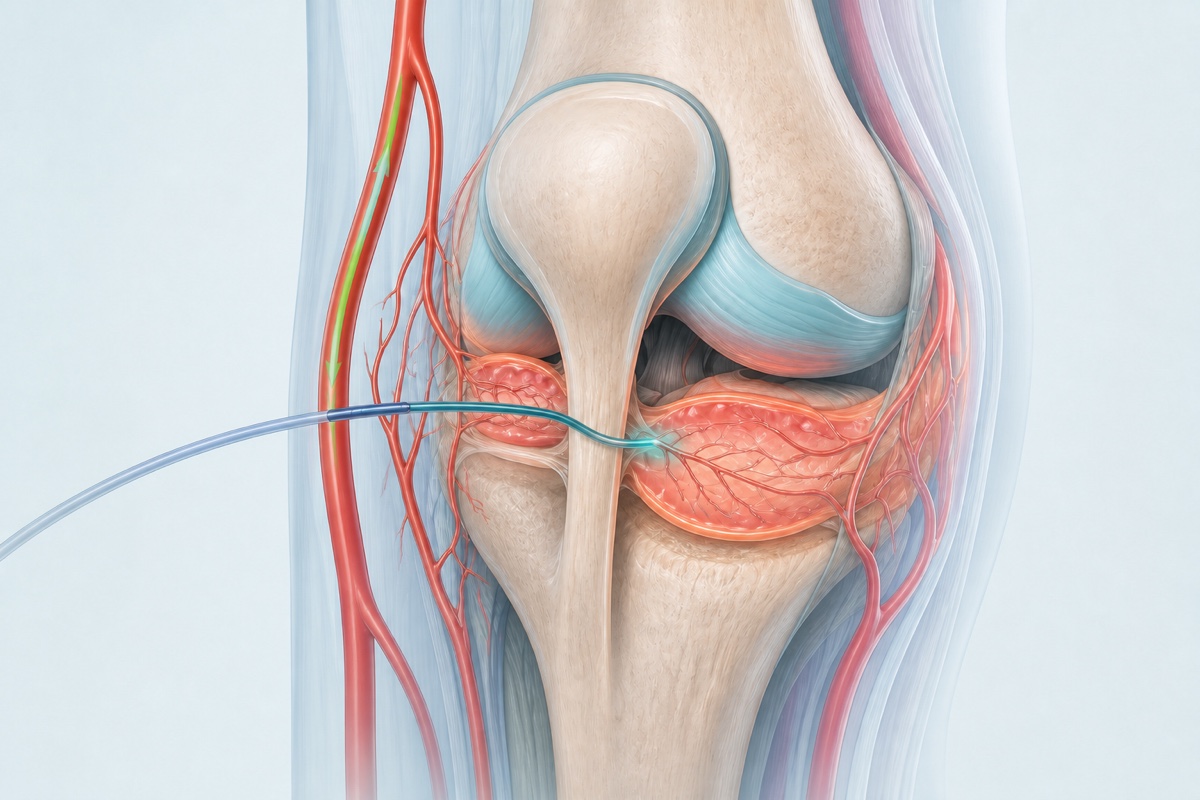 The catheter tip is positioned selectively in a small vessel supplying inflamed knee tissue