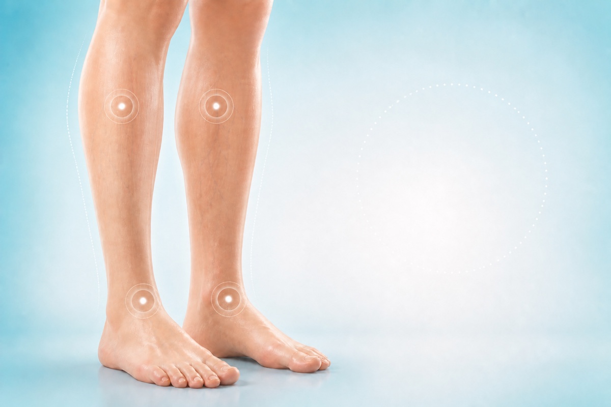 Same legs with restrained cues for timing, visible veins, swelling, strength, and circulation assessment.