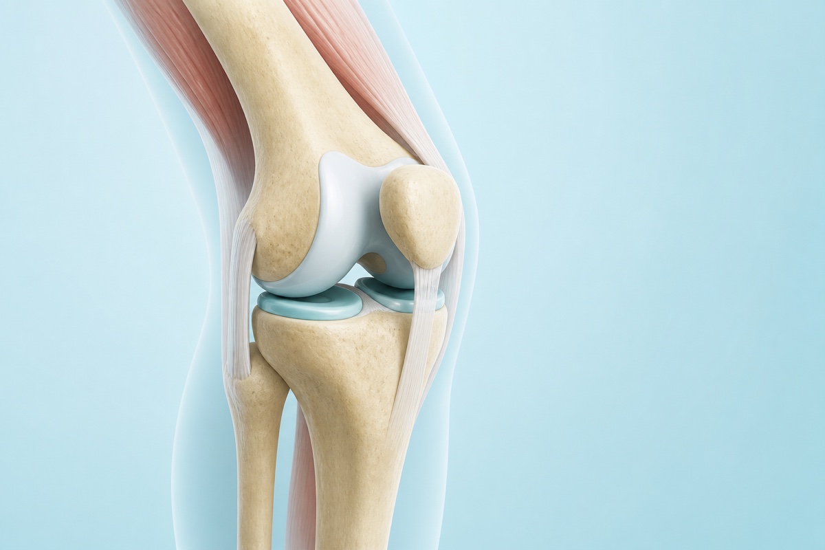 Simplified knee cutaway showing smooth intact cartilage cushioning the joint surfaces.