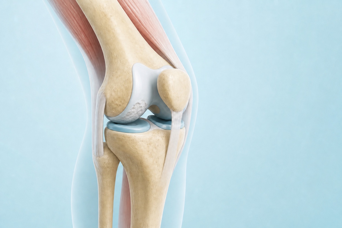 Same knee cutaway showing a representative area of thinner, rougher cartilage and moderately reduced joint space.