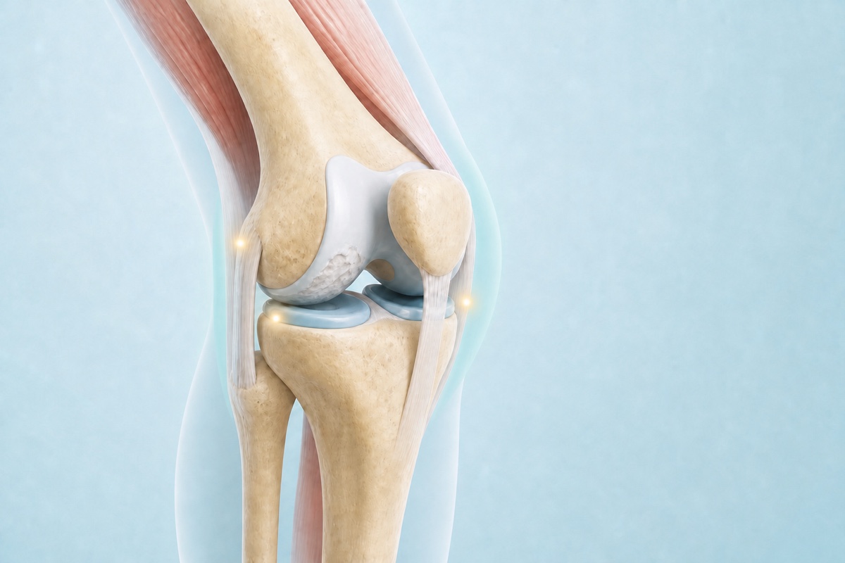 Same knee cutaway with restrained highlights indicating possible stiffness, mild swelling, and activity-related pain.