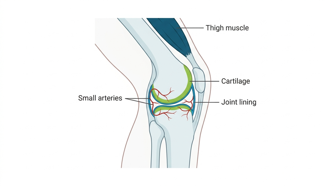 Cutaway diagram of a knee joint labelling the thigh muscle, cartilage, joint lining and small arteries, the structures targeted by the main alternatives to knee replacement