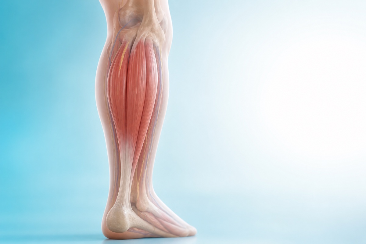 Simplified calf cutaway showing long relaxed muscle fibers and an intact Achilles tendon.