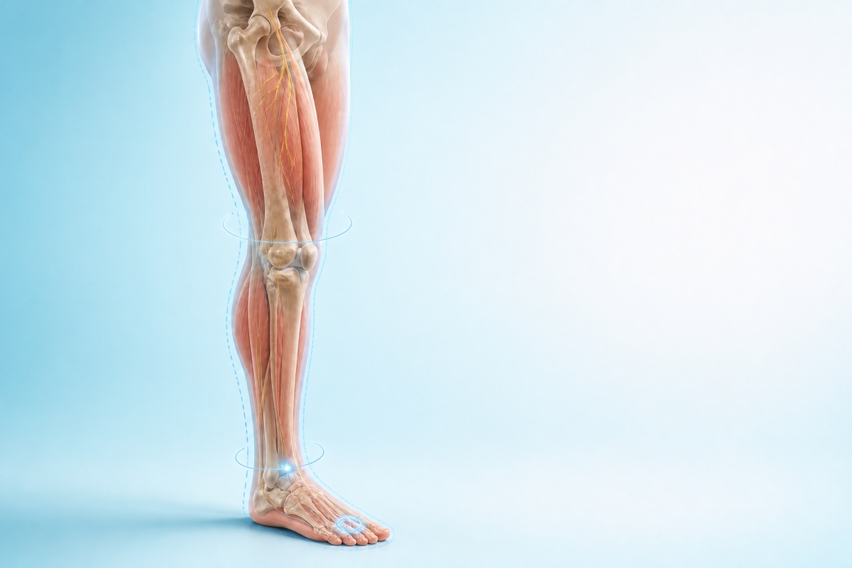 Same limb with restrained cues for pattern, pulse, sensation, strength, and movement assessment.