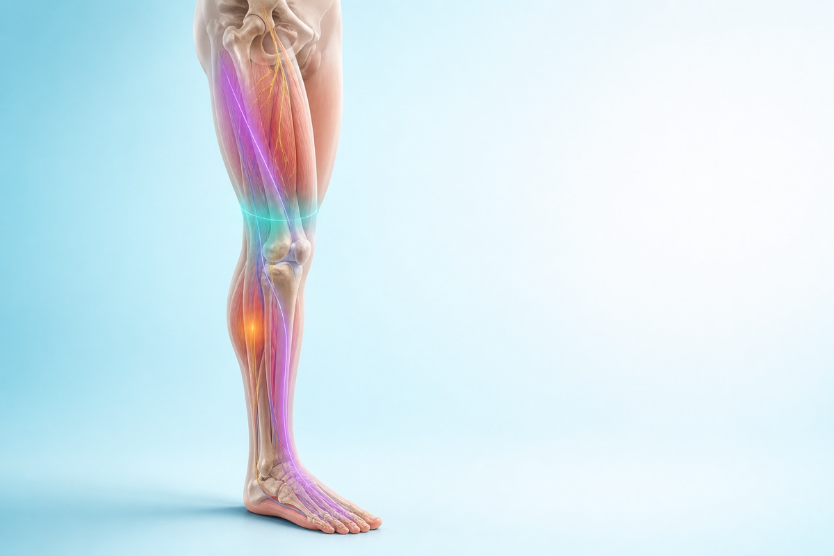 Simplified full lower limb showing localized, radiating, and activity-related pain patterns.