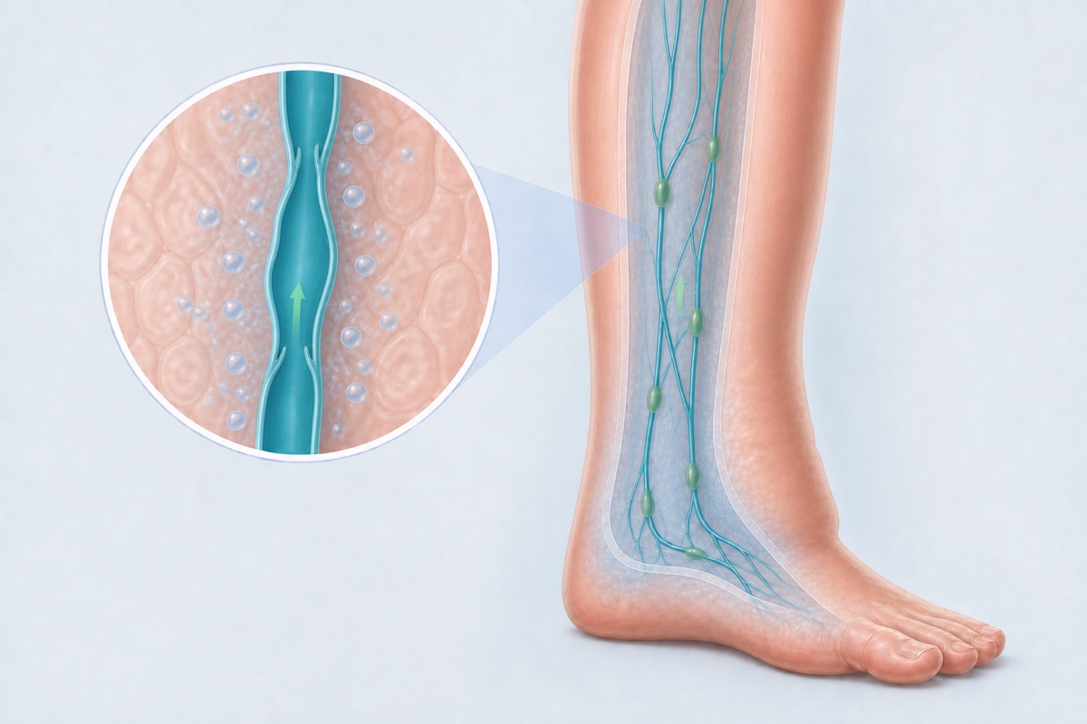 Moderate fluid buildup in a lower leg with reduced lymphatic drainage