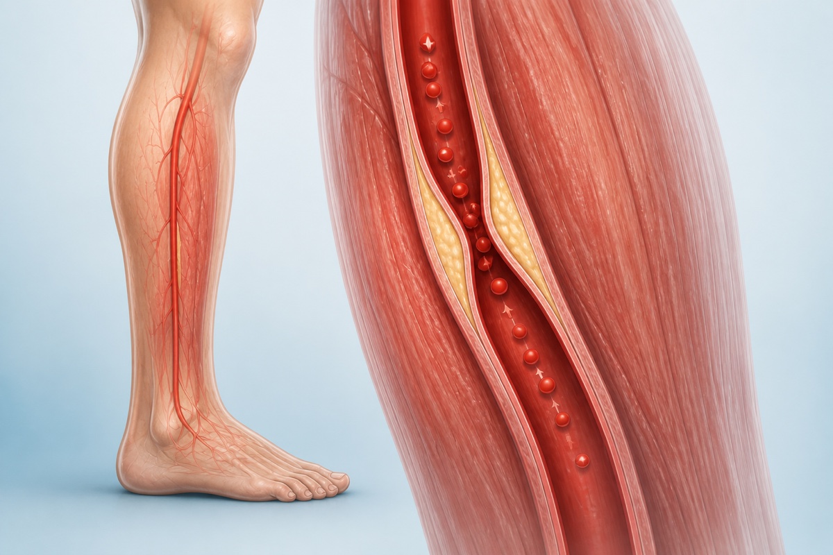 While walking, fewer blood cells pass the narrowed calf artery as the muscle works harder