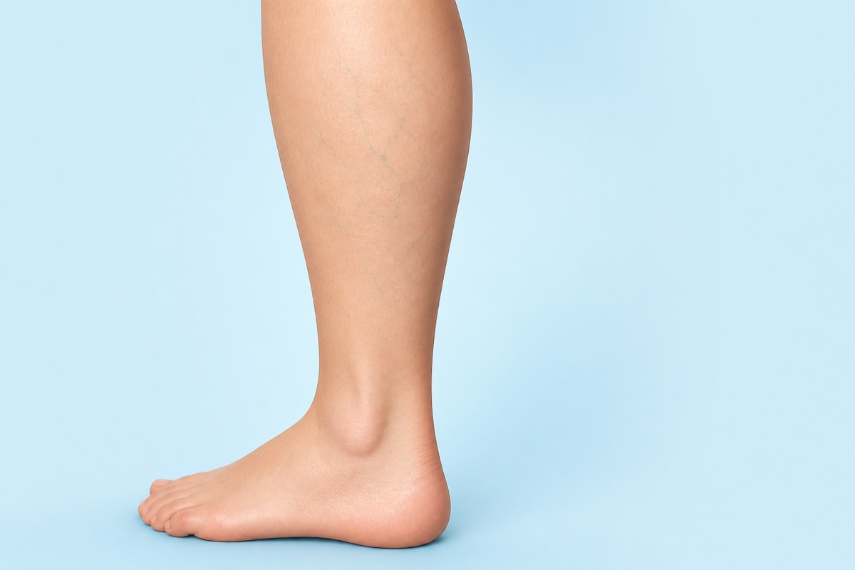 Simplified lower leg showing a subtle network of small superficial vessels beneath intact skin.