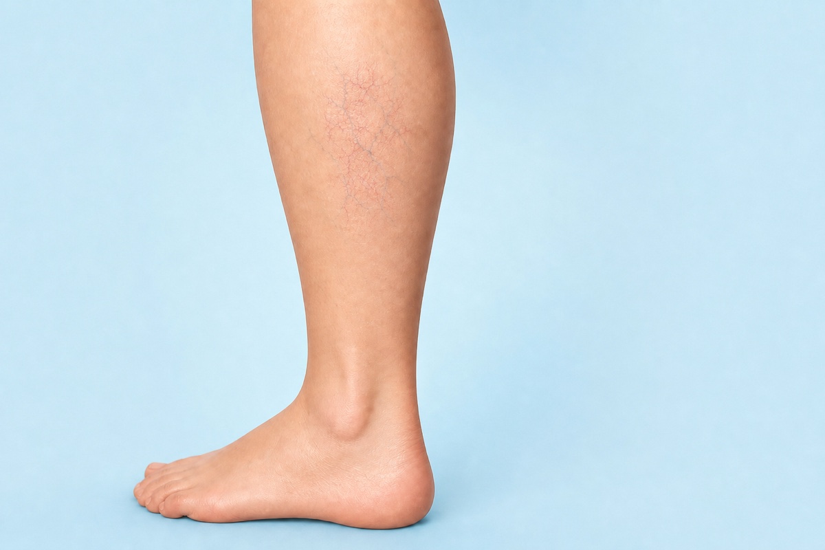 Same lower leg showing selected tiny surface vessels widened into a fine branching red-blue pattern.