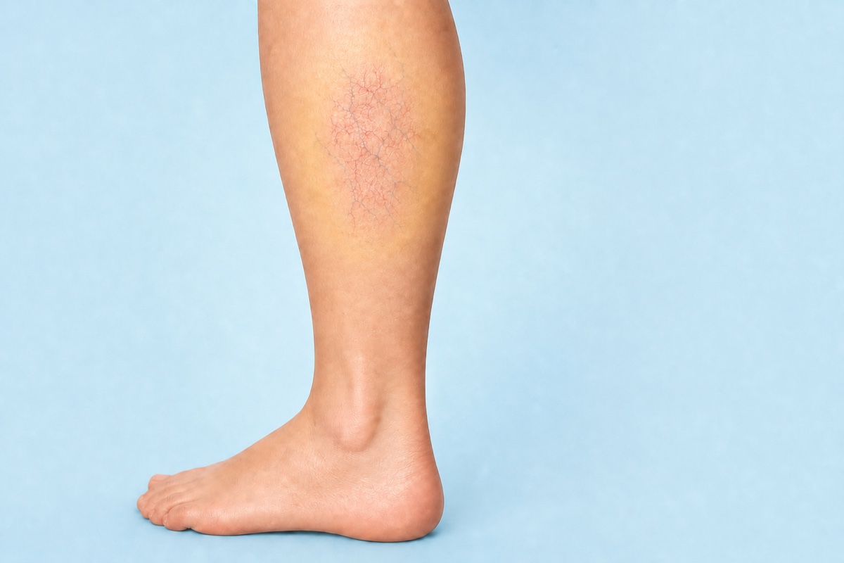 Same lower leg showing a visible fine spider-vein cluster with a restrained highlight for possible localized discomfort.