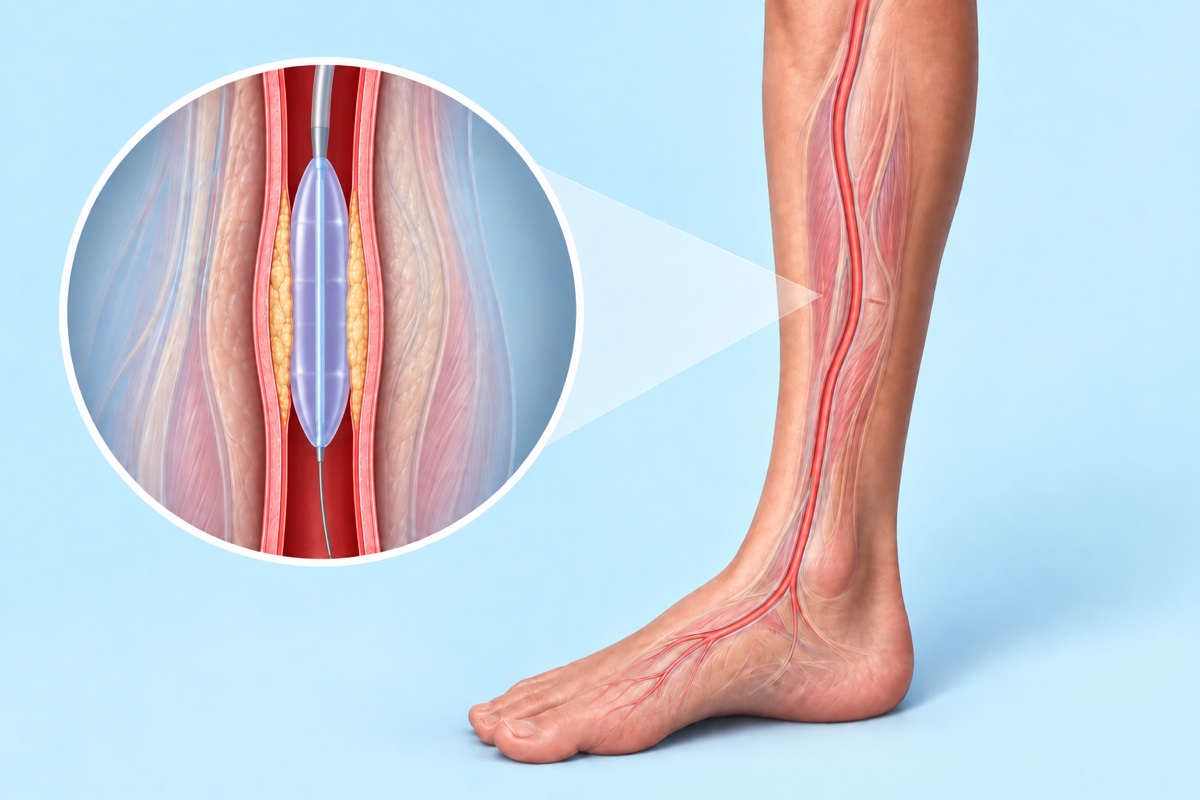 A balloon expands inside the artery, pressing existing plaque outward against the walls.