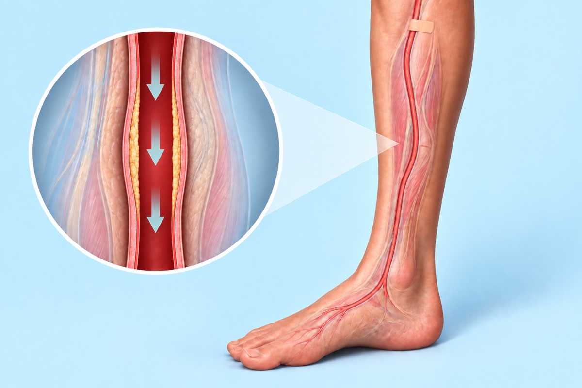 The artery has a wider channel with residual plaque; downward arrows represent flow toward the foot.