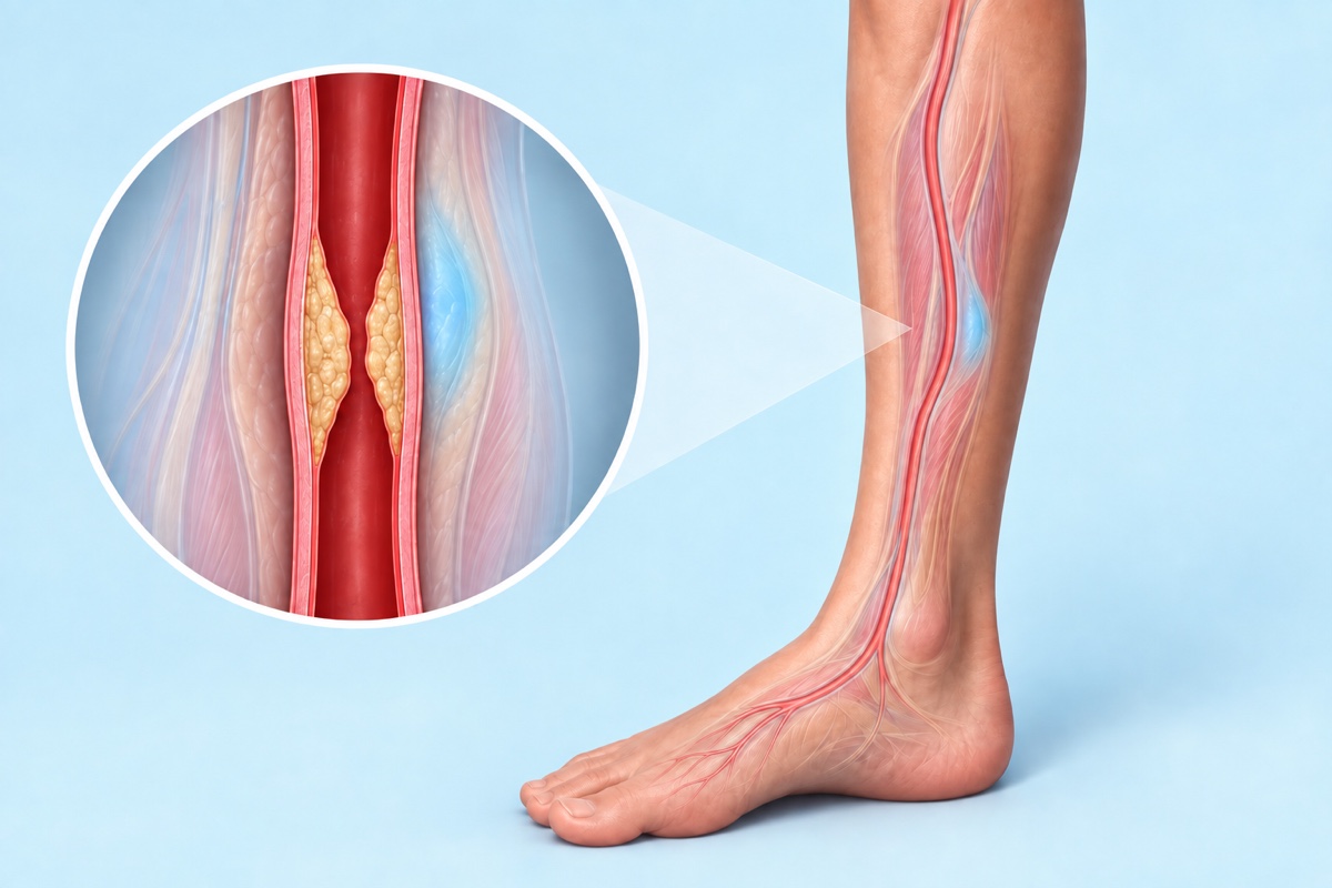 Simplified leg and artery cutaway with a representative plaque narrowing that leaves a thinner channel for blood to travel through.
