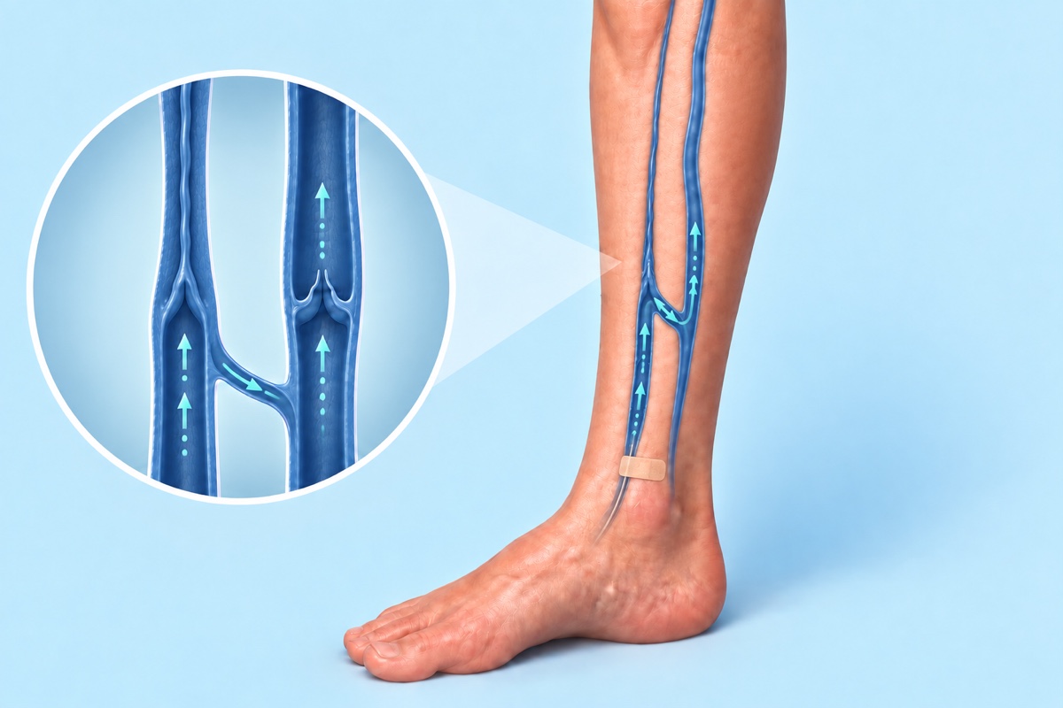 The treated segment is closed and arrows illustrate return through the nearby open venous pathway.